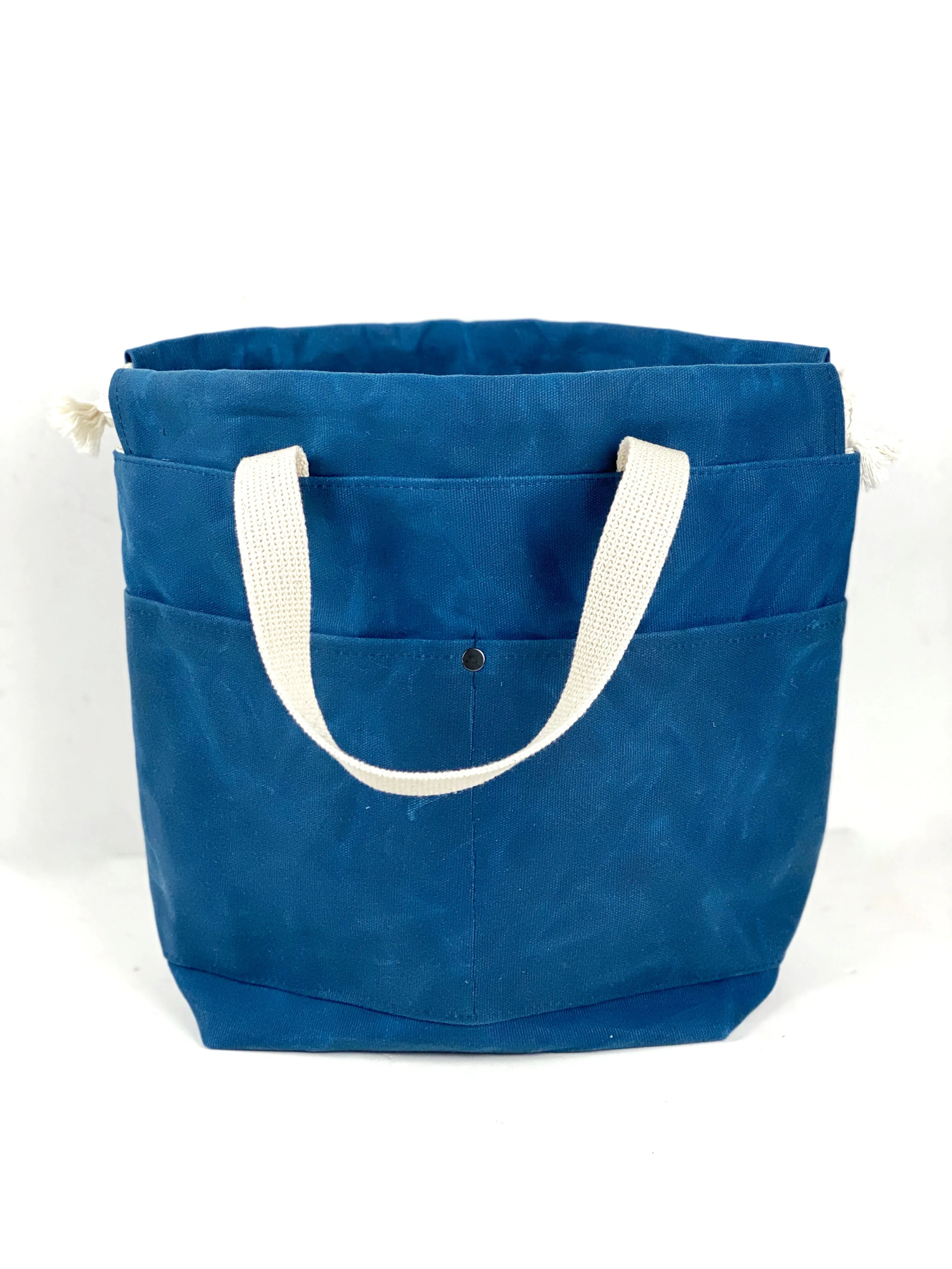 Solid Color Waxed Canvas Project Bag Knit or Crochet Drawstring Tote Strap Flat Bottom