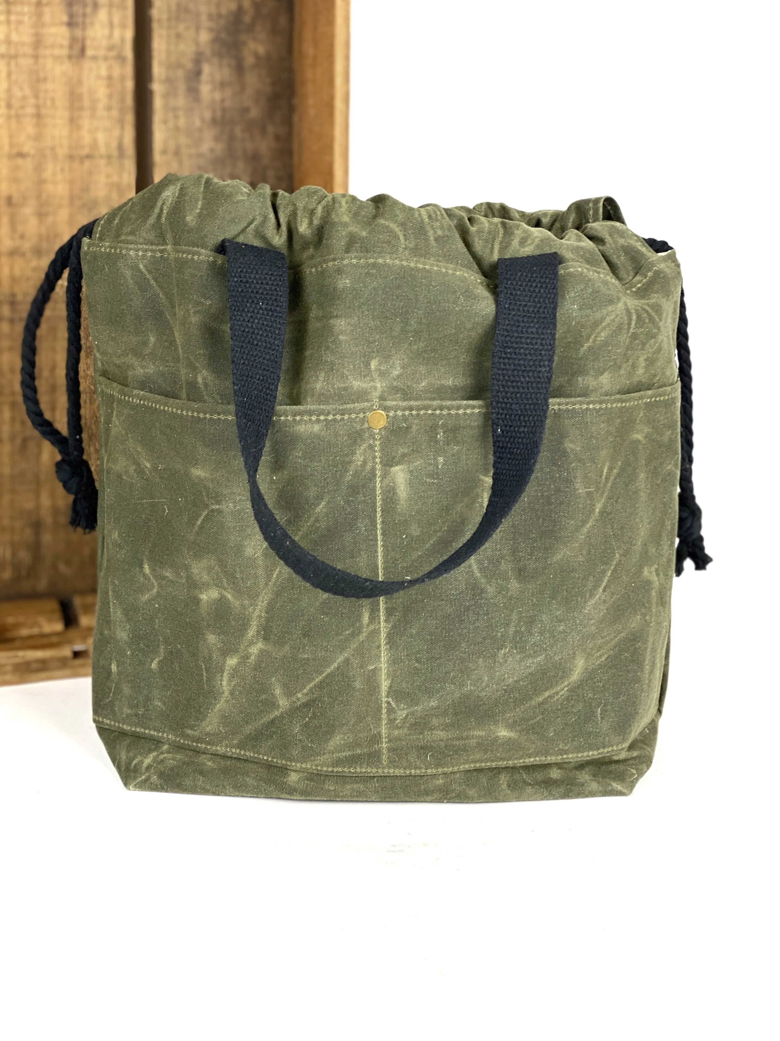 Solid Color Waxed Canvas Project Bag Knit or Crochet Drawstring Tote Strap Flat Bottom