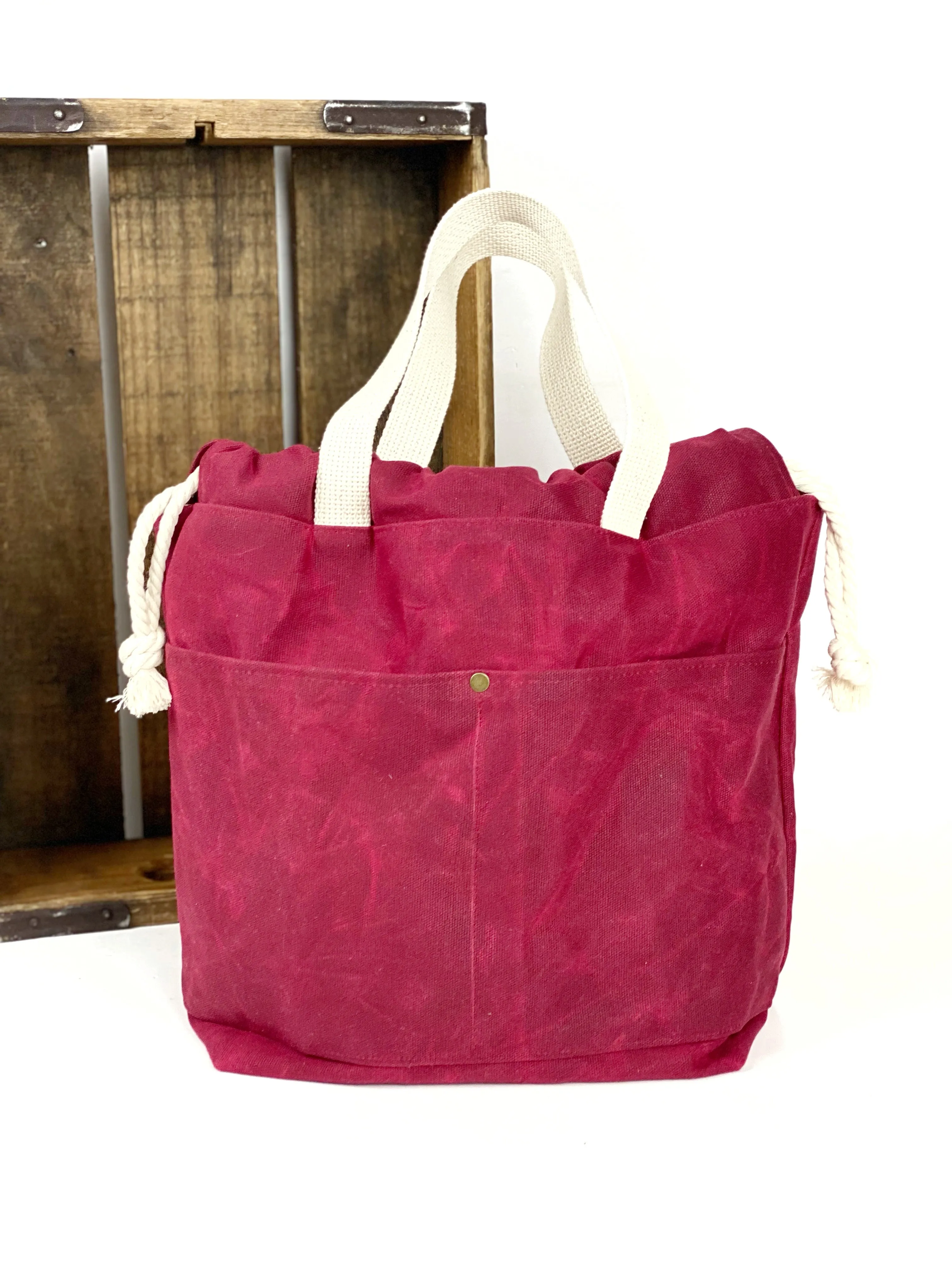 Solid Color Waxed Canvas Project Bag Knit or Crochet Drawstring Tote Strap Flat Bottom