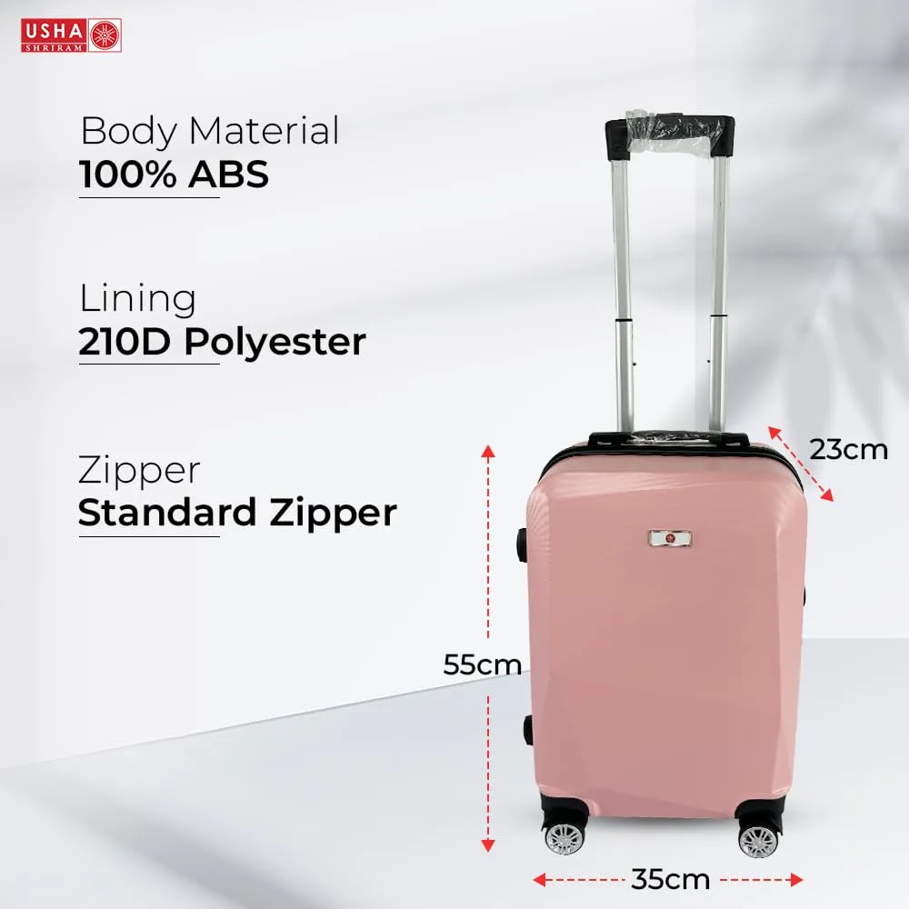 USHA SHRIRAM ABS (Cabin Bag) 20 inch Black Luggage Bag (55cm)|Trolley Suitcase for Travel | Travel Luggage for Men Women |360 Degree Wheel | Travel Bags for Luggage Trolley | Carry On Suitcase (Pink)