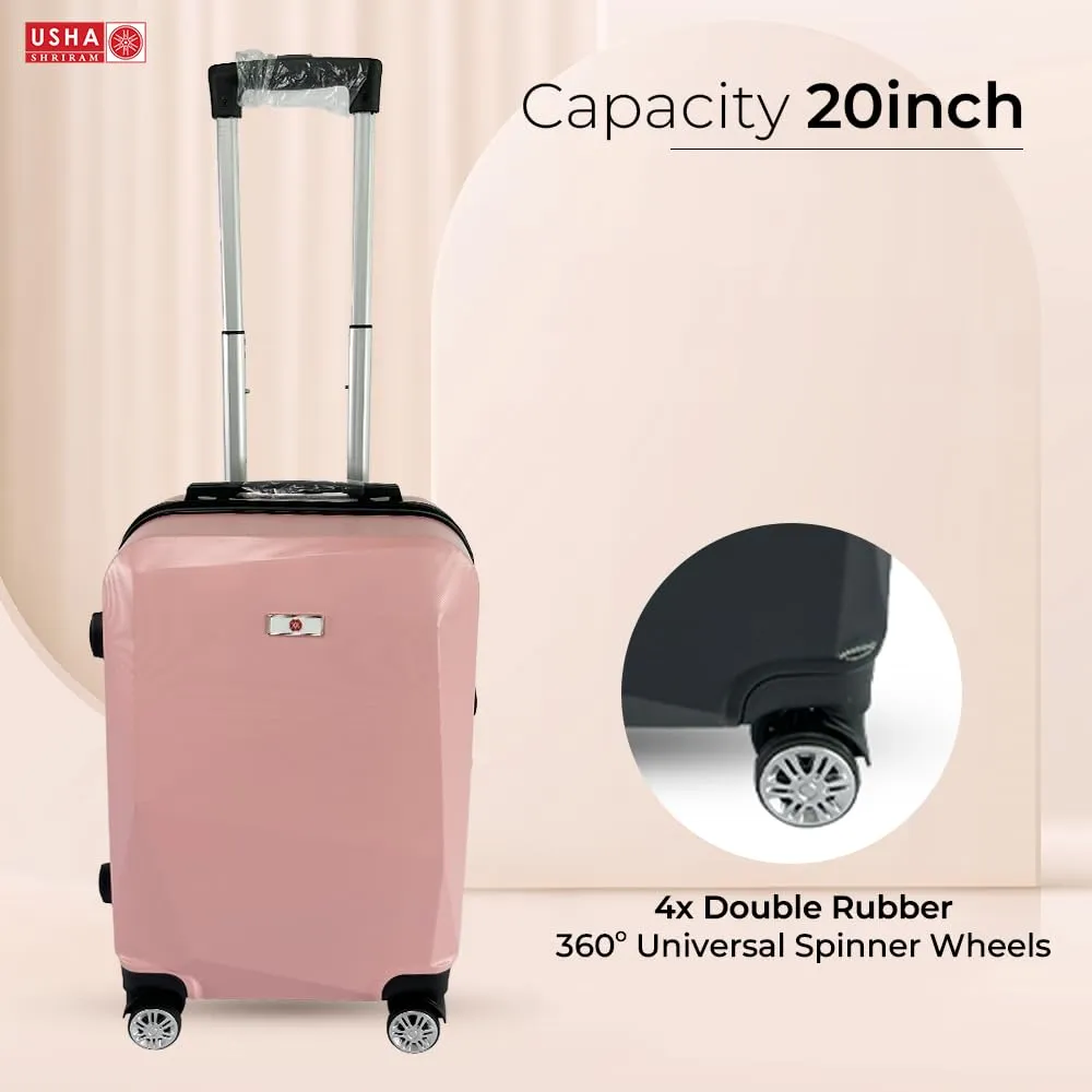 USHA SHRIRAM ABS (Cabin Bag) 20 inch Black Luggage Bag (55cm)|Trolley Suitcase for Travel | Travel Luggage for Men Women |360 Degree Wheel | Travel Bags for Luggage Trolley | Carry On Suitcase (Pink)