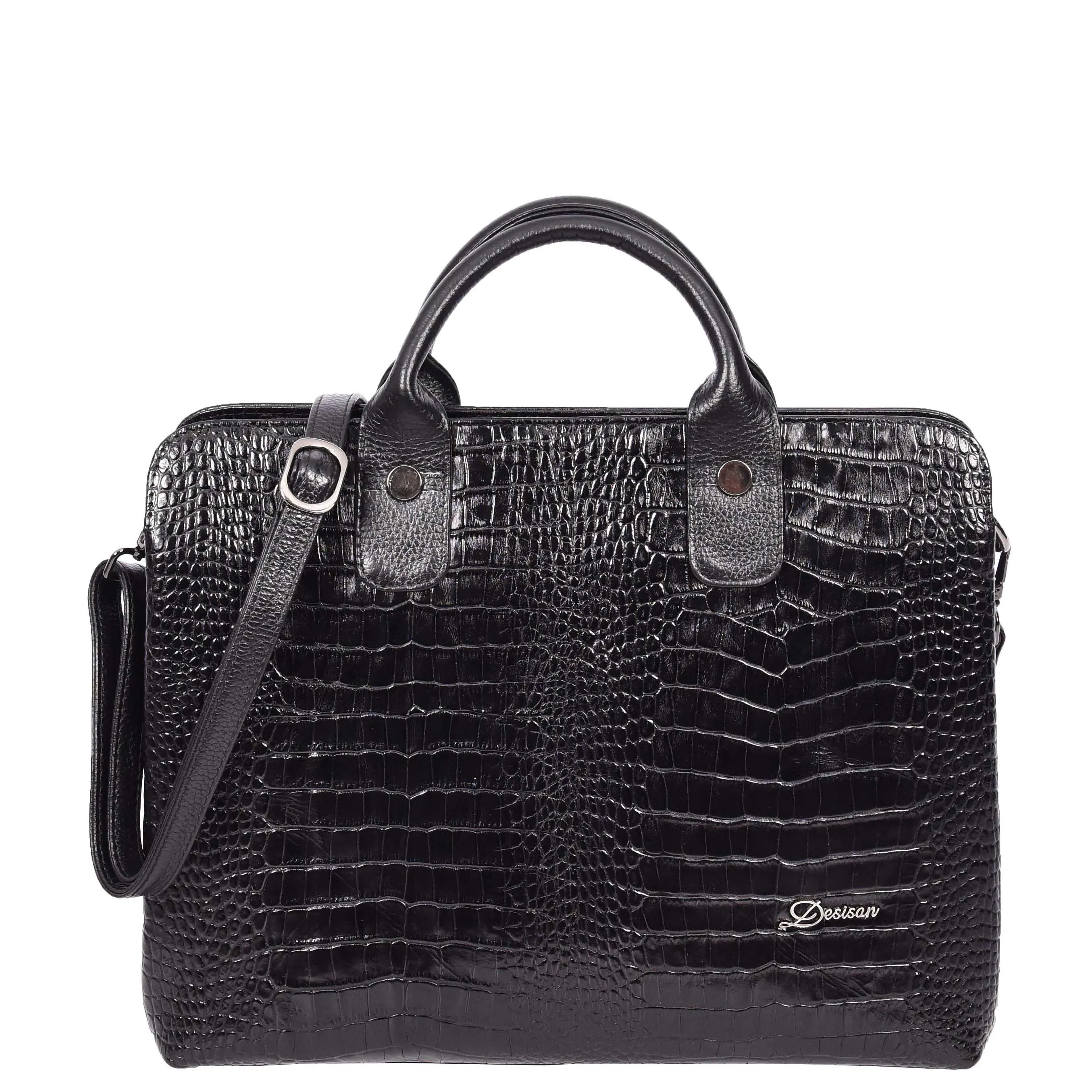 Womens Real Leather Croc-Print Shoulder Bag A4 Size Business Handbag Millie Black