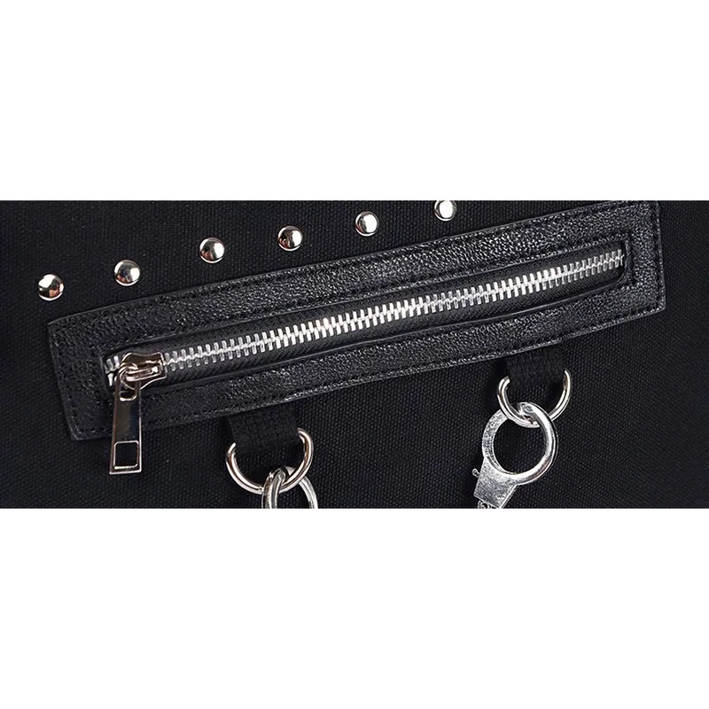 Women's Vintage Rivet Tote Bag / Canvas Zipper Shoulder Bag With Handcuffs / Gothic Style Handbag