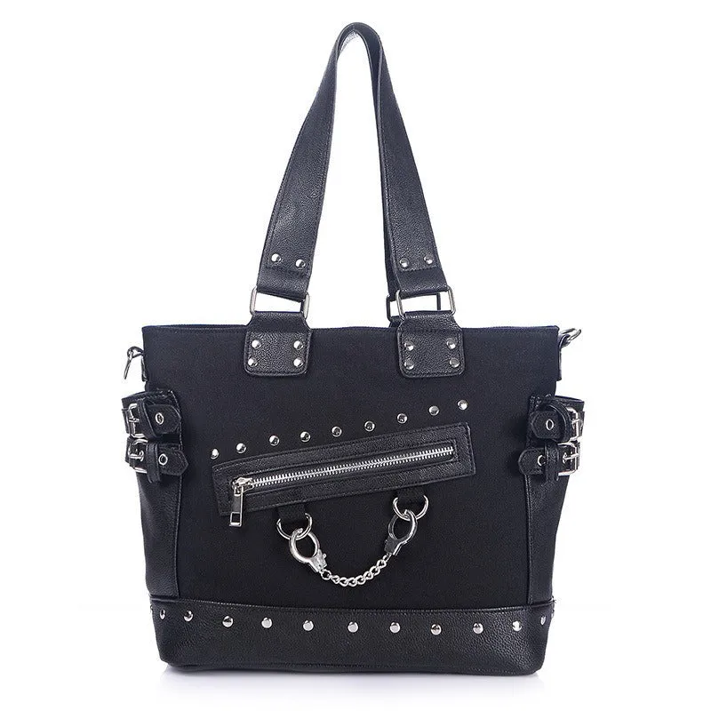 Women's Vintage Rivet Tote Bag / Canvas Zipper Shoulder Bag With Handcuffs / Gothic Style Handbag