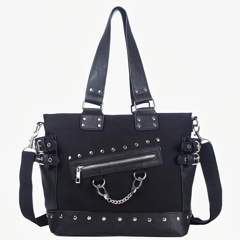 Women's Vintage Rivet Tote Bag / Canvas Zipper Shoulder Bag With Handcuffs / Gothic Style Handbag