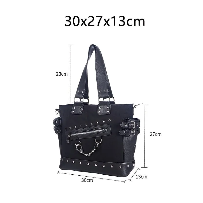 Women's Vintage Rivet Tote Bag / Canvas Zipper Shoulder Bag With Handcuffs / Gothic Style Handbag