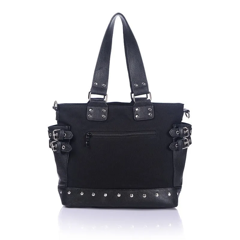 Women's Vintage Rivet Tote Bag / Canvas Zipper Shoulder Bag With Handcuffs / Gothic Style Handbag