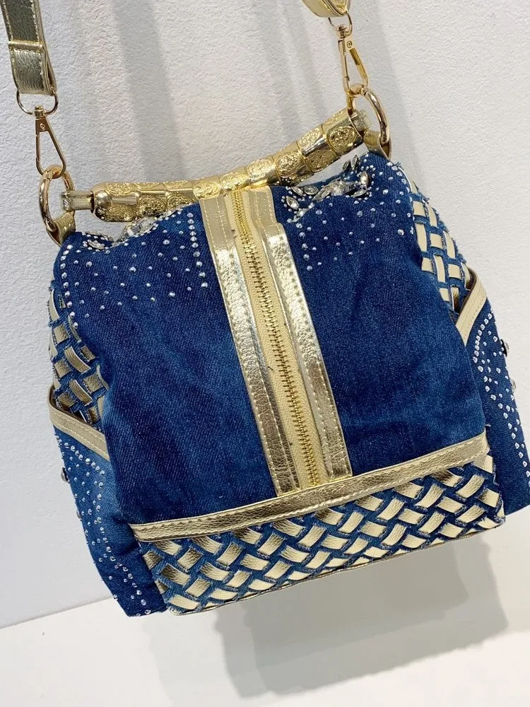 Woven rhinestone bag tassel crossbody backpack