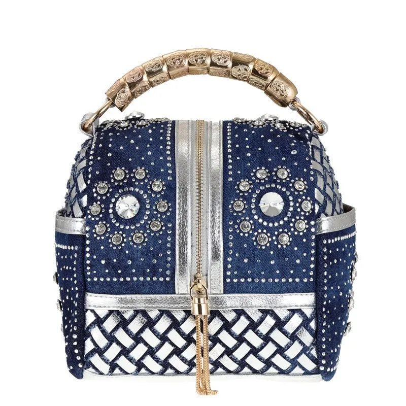 Woven rhinestone bag tassel crossbody backpack