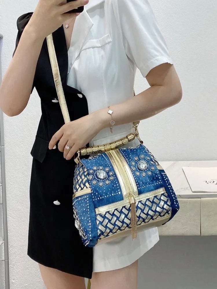 Woven rhinestone bag tassel crossbody backpack