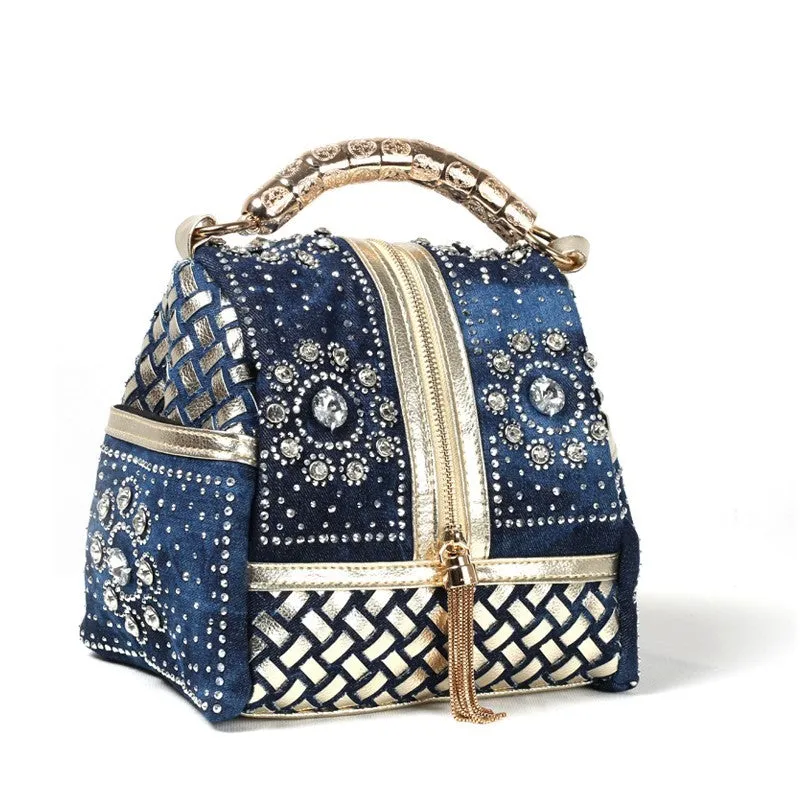 Woven rhinestone bag tassel crossbody backpack