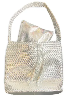 WOVEN VEGAN SILVER METALLIC HANDBAG