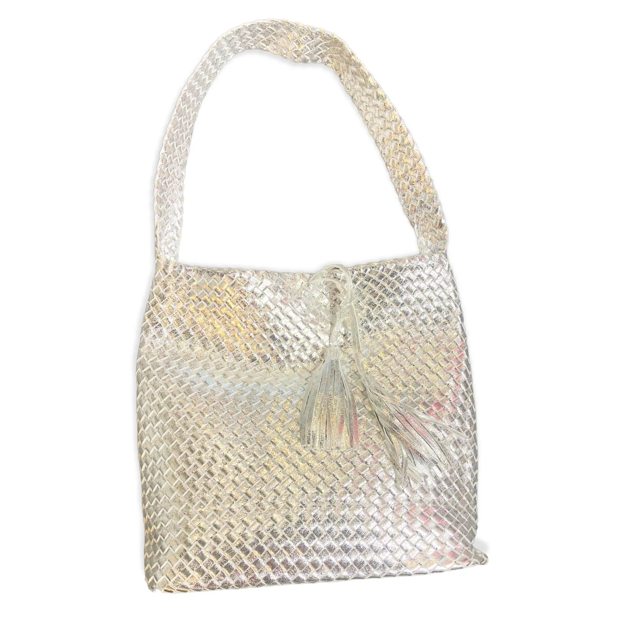 WOVEN VEGAN SILVER METALLIC HANDBAG